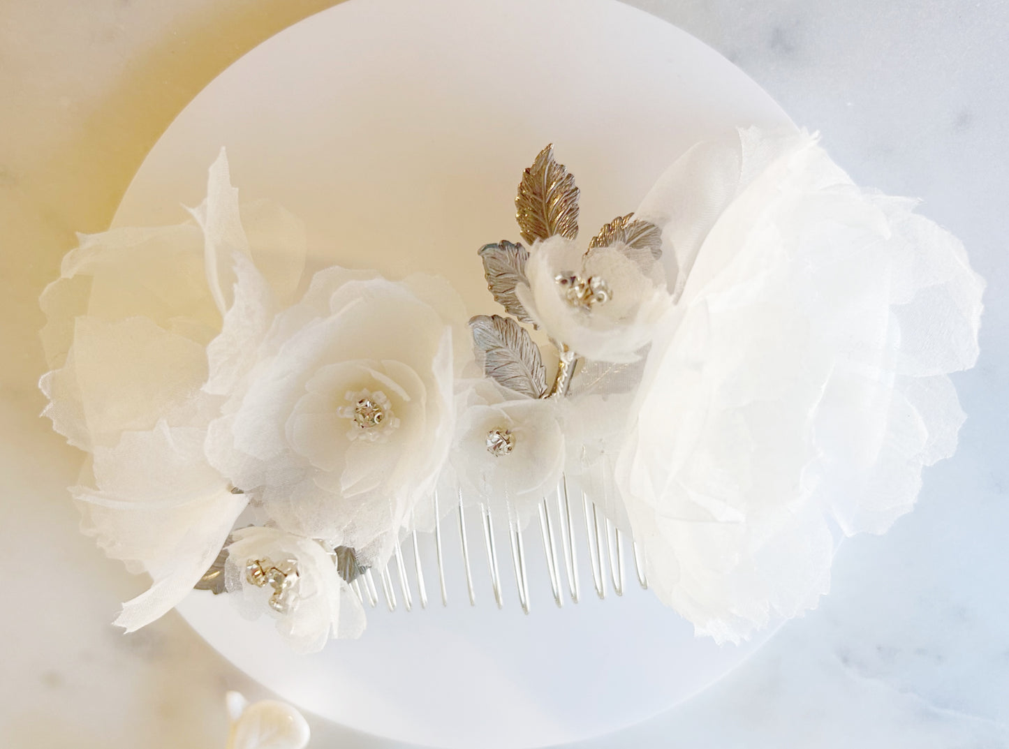 Handmade Silk Organza Bridal Comb with Sparkly Rhinestones & Silver Leaves - Style 0559