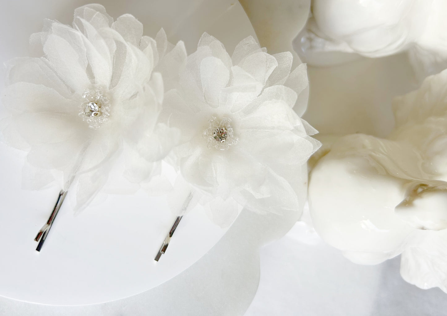 White Organza Bridal Hairpins with Rhinestones Handmade Wedding Hair Accessories -Style 0560