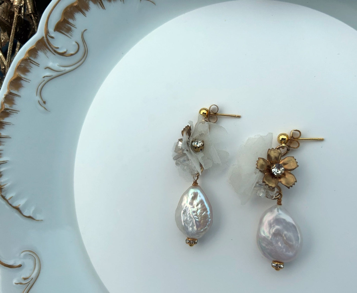 The Veronique - Gold Flower, White Silk Petals & Baroque Pearl Earrings, Handmade Wedding Jewelry