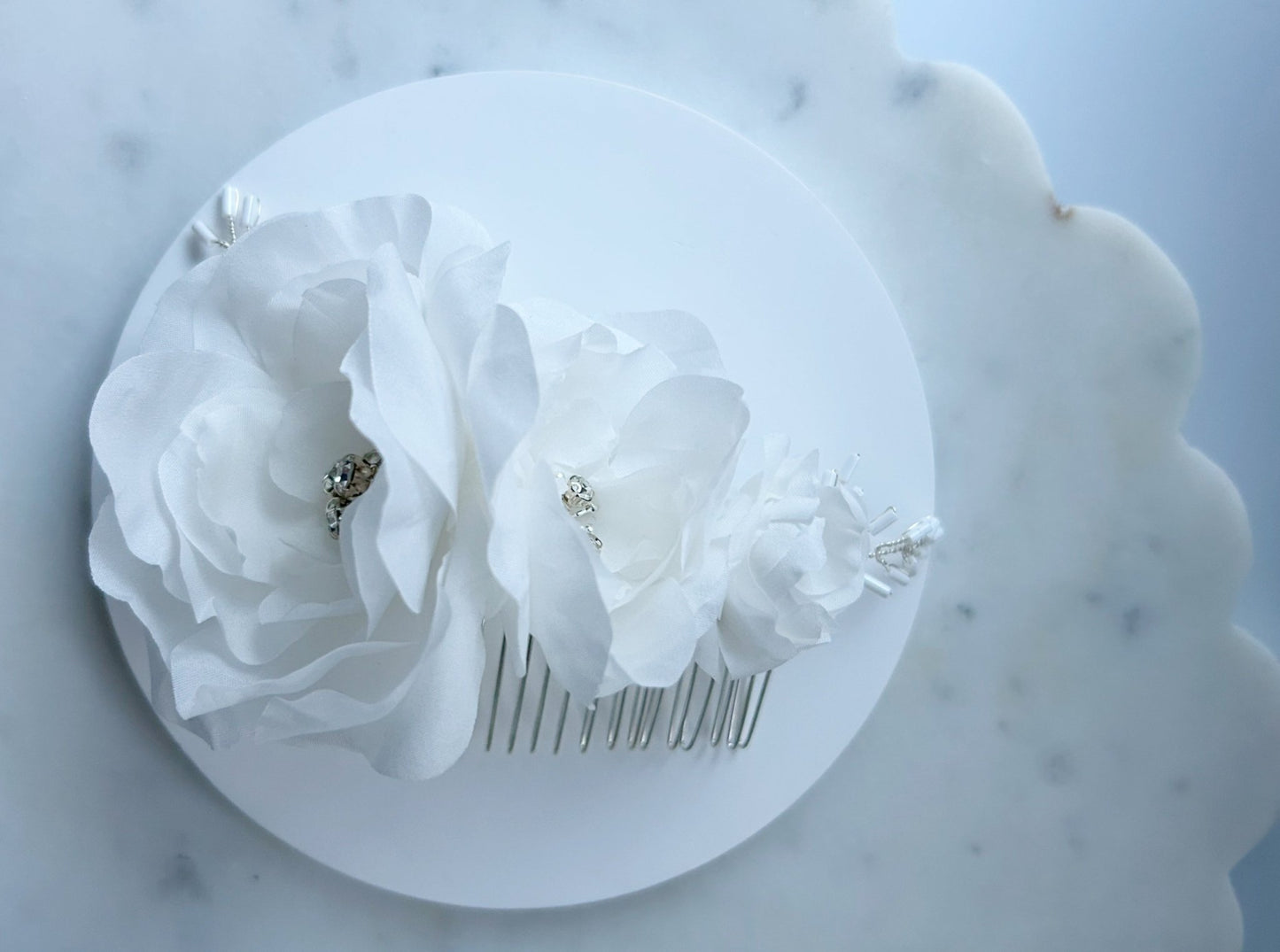 The Anaïs - Bridal Hair Comb, Silk Taffeta Magnolia Bloom, Rhinestones and Silver Leaves, Handmade Wedding Headpiece