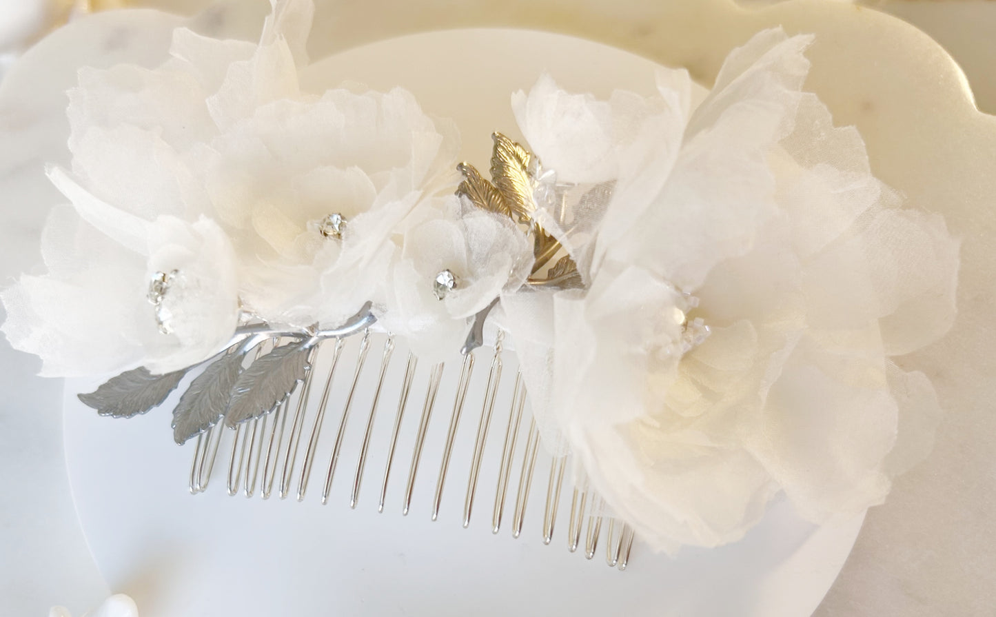 Handmade Silk Organza Bridal Comb with Sparkly Rhinestones & Silver Leaves - Style 0559