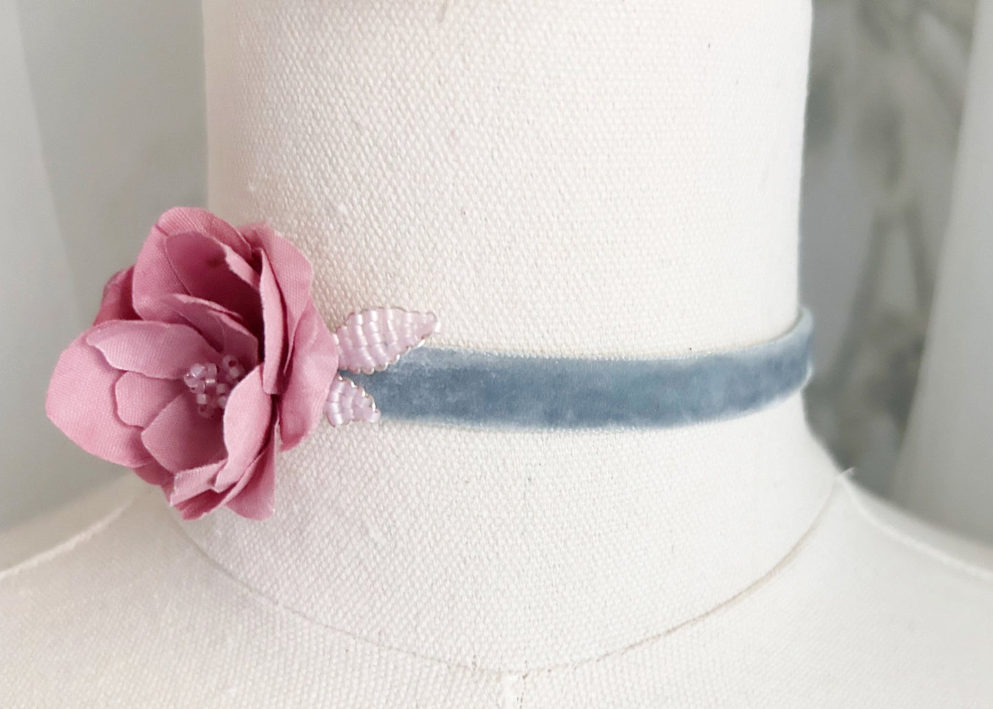 The Antoinette - Silk Blossom Velvet Choker in Pastel Pink & Blue – Handcrafted Floral Necklace - Style 0562