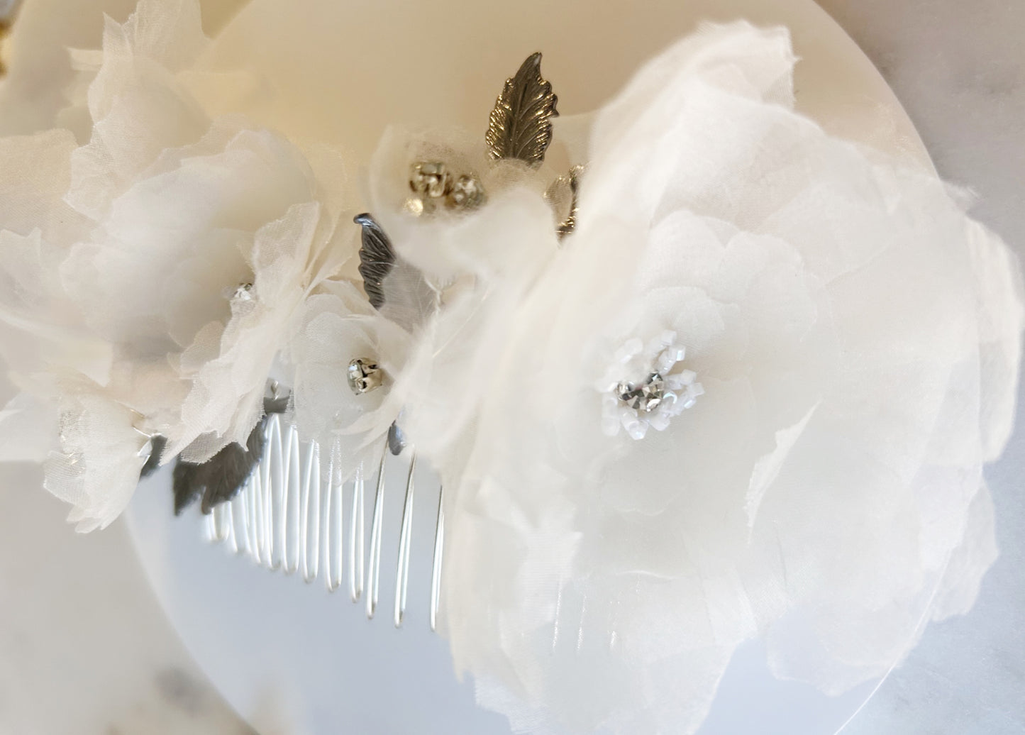 Handmade Silk Organza Bridal Comb with Sparkly Rhinestones & Silver Leaves - Style 0559