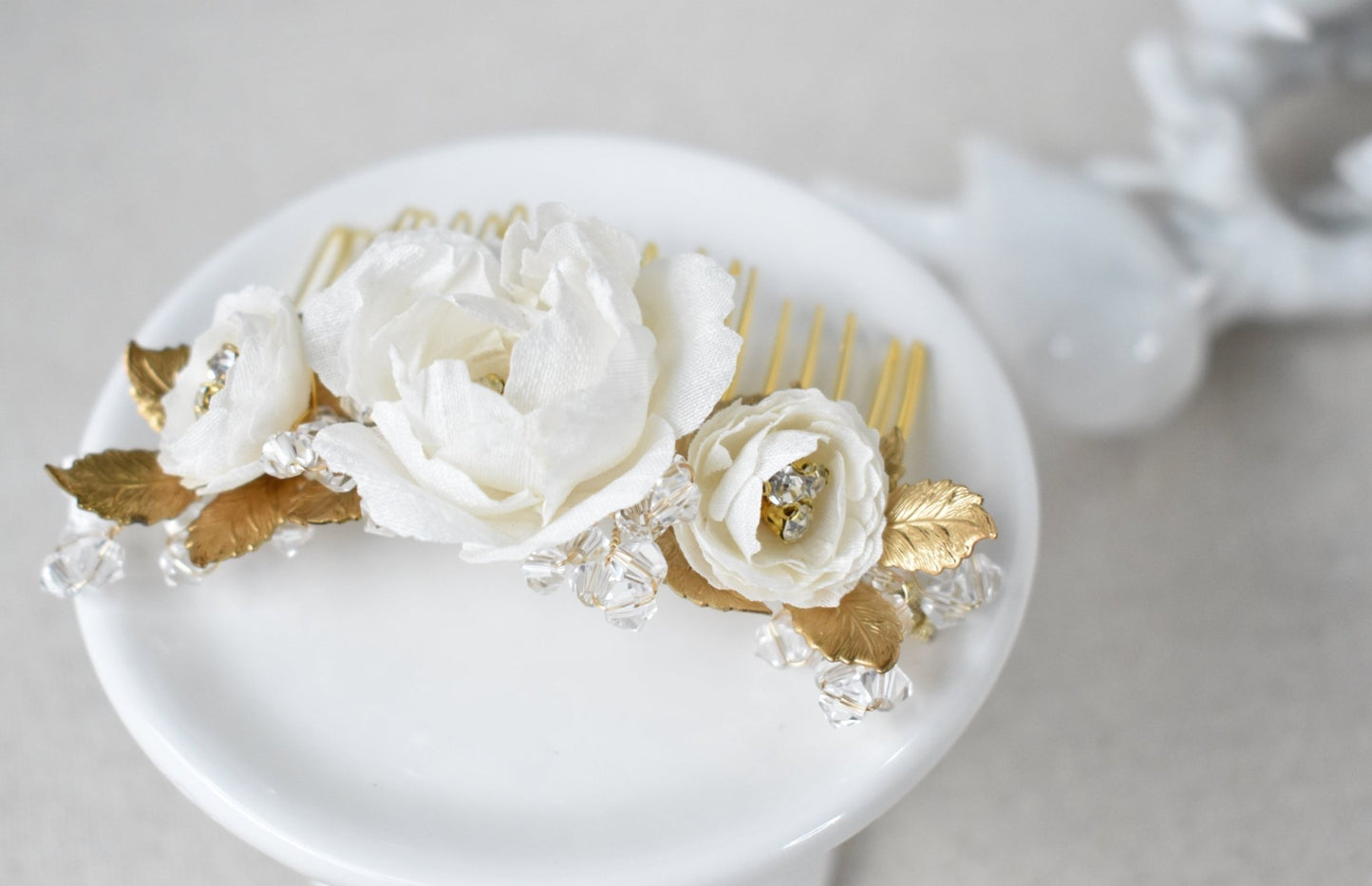 The Adelie - Bridal Hair Comb, Silk Dupioni Flowers, Brass Cast Leaves and European Glass, Handmade Wedding Headpiece