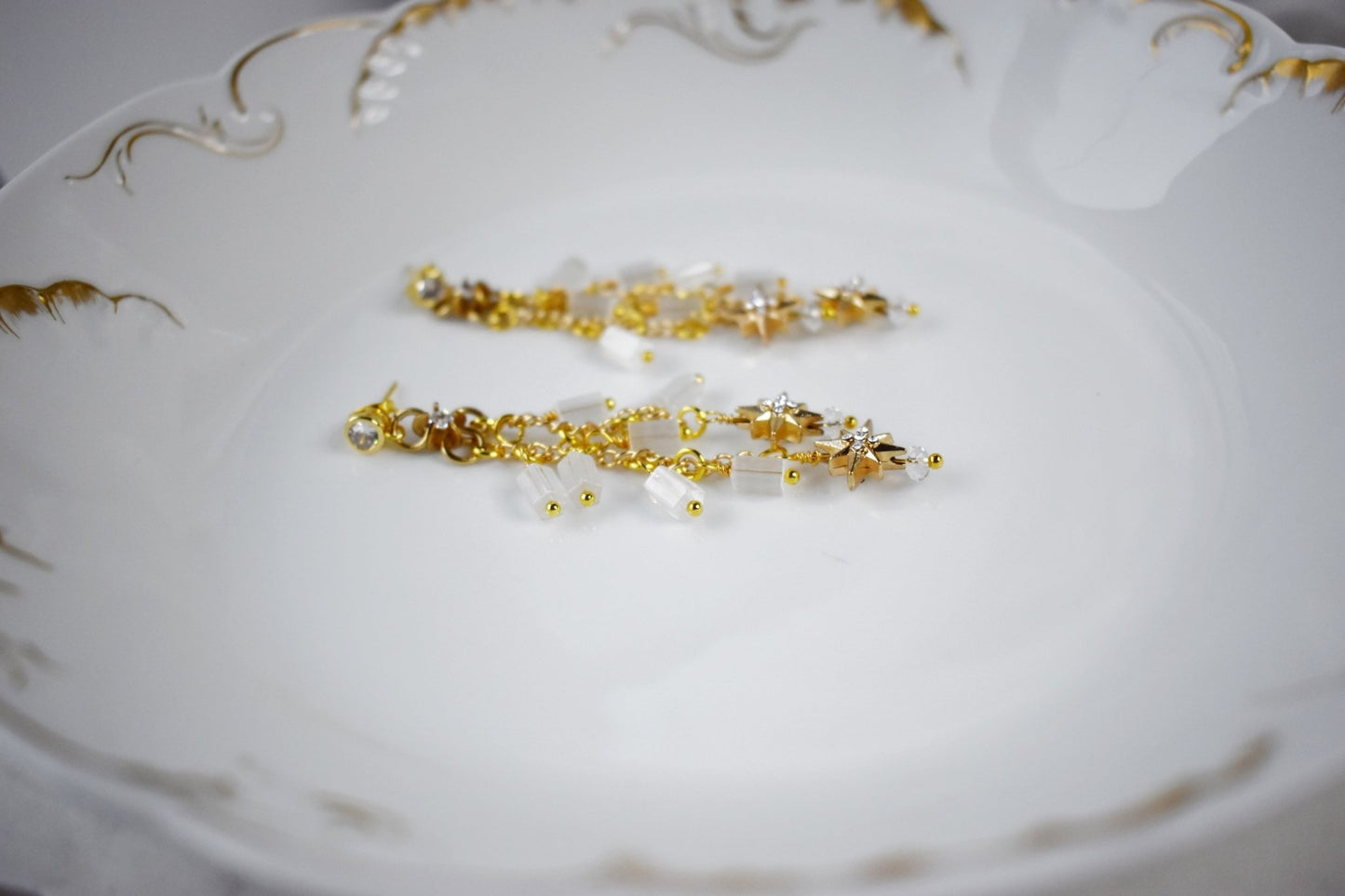 The Solène | Long Gold Star Drop Bridal Earrings