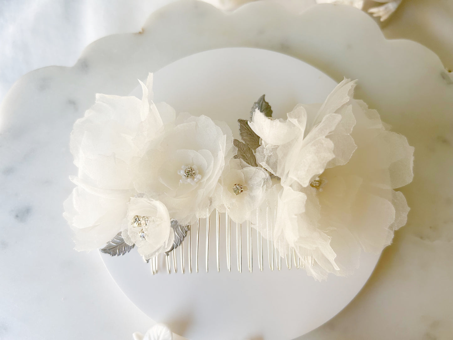 Handmade Silk Organza Bridal Comb with Sparkly Rhinestones & Silver Leaves - Style 0559