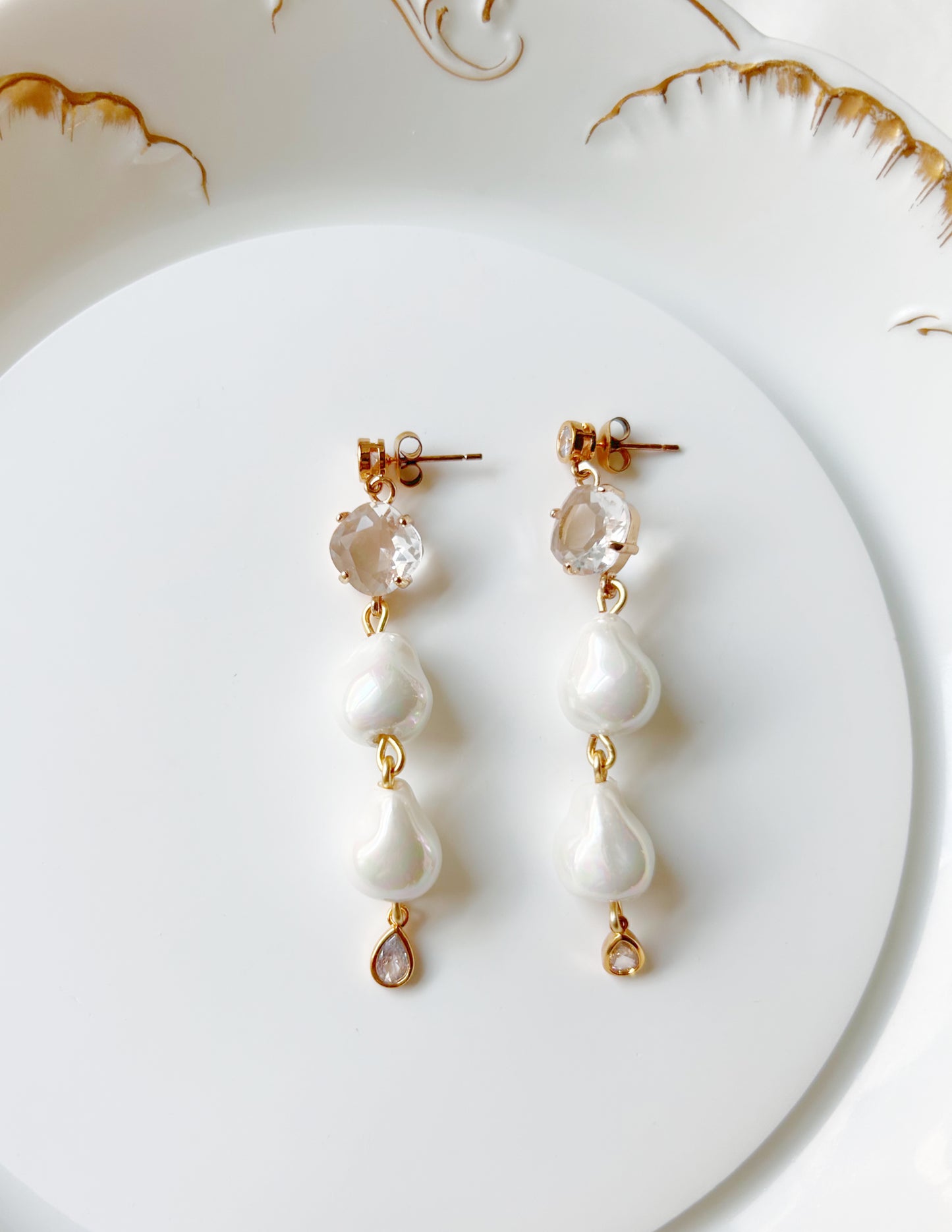 Lustrous Glass Pearl Drop Earrings – Handcrafted with Faceted Glass and Gold Accents - Style 0558