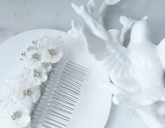 Mother of pearl bridal headpiece handmade in Dallas Texas by LAFORET