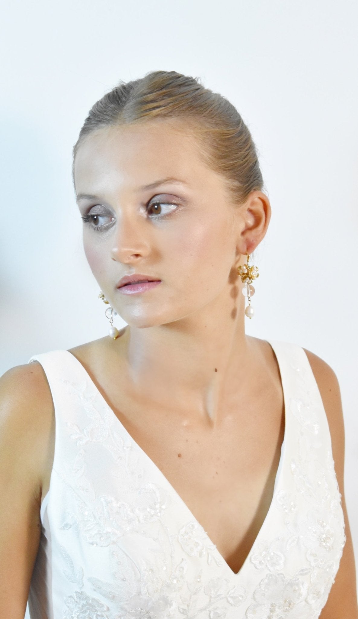 Bridal Chandelier Earrings - Gold Flowers & Pearls, Handmade Wedding Jewelry