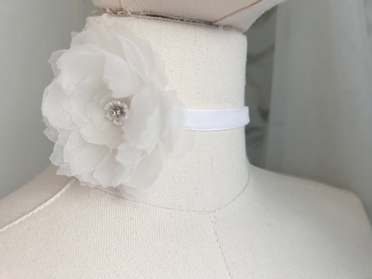 Bridal Choker Necklace - Delicate Silk Flowers, Handmade Luxury Wedding Jewelry