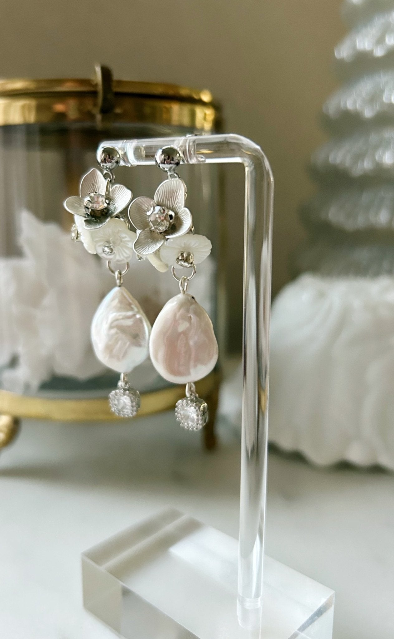 The Audrey - Bridal Drop Earrings - Baroque Pearl & Mother of Pearl Flower, Handmade Wedding Jewelry