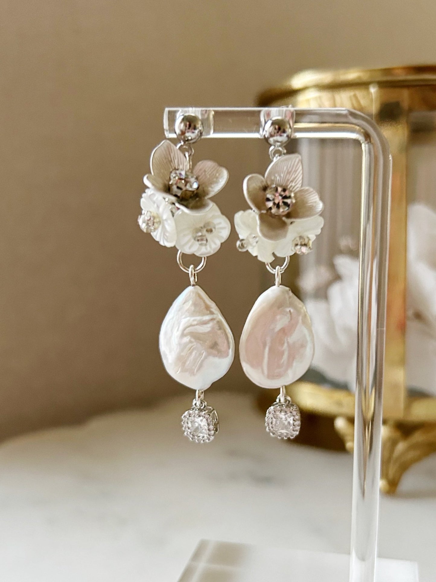 The Audrey - Bridal Drop Earrings - Baroque Pearl & Mother of Pearl Flower, Handmade Wedding Jewelry