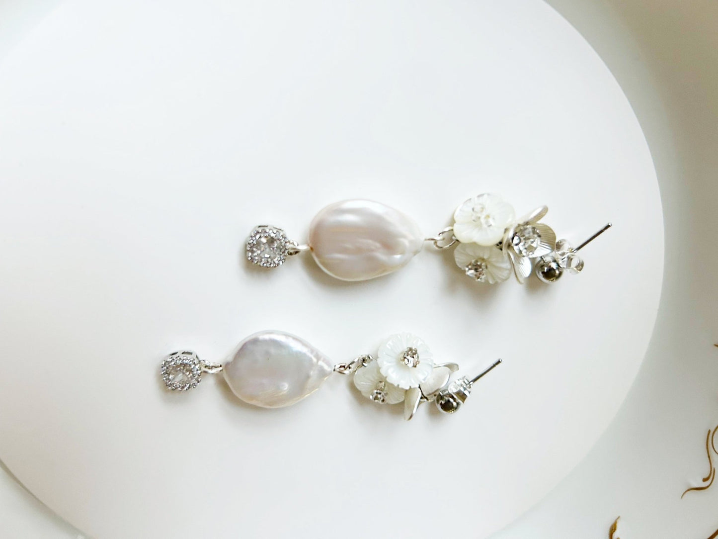 The Audrey - Bridal Drop Earrings - Baroque Pearl & Mother of Pearl Flower, Handmade Wedding Jewelry