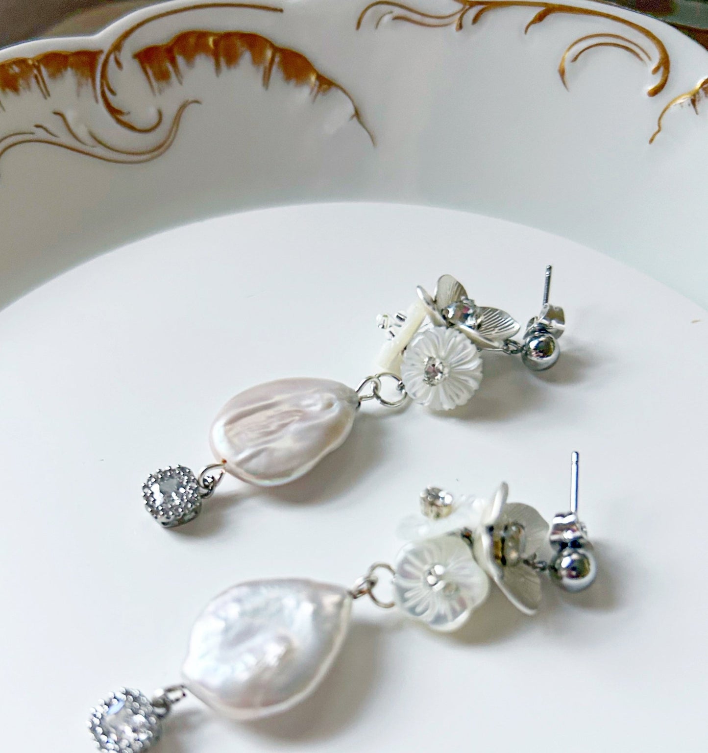 The Audrey - Bridal Drop Earrings - Baroque Pearl & Mother of Pearl Flower, Handmade Wedding Jewelry