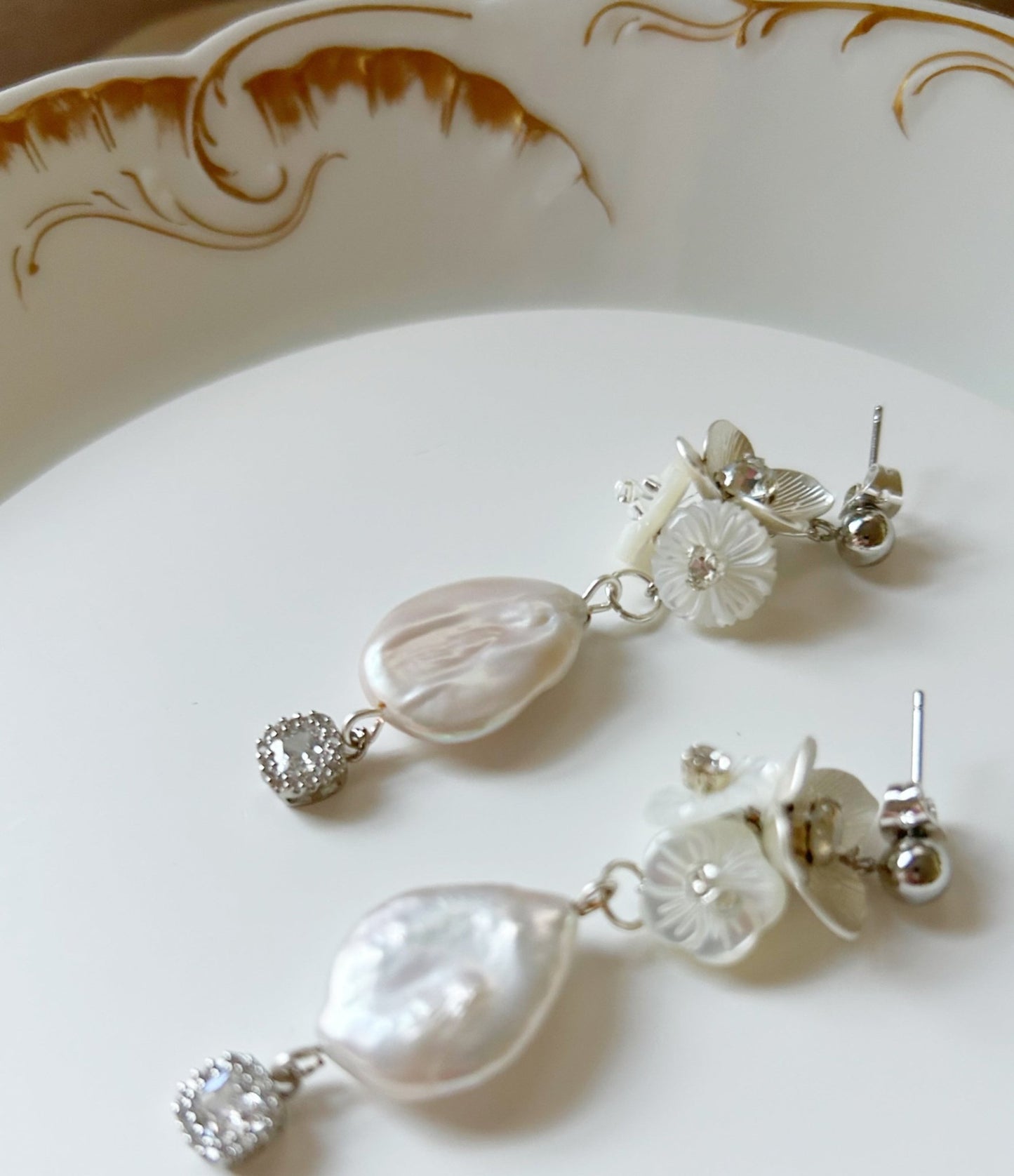 The Audrey - Bridal Drop Earrings - Baroque Pearl & Mother of Pearl Flower, Handmade Wedding Jewelry
