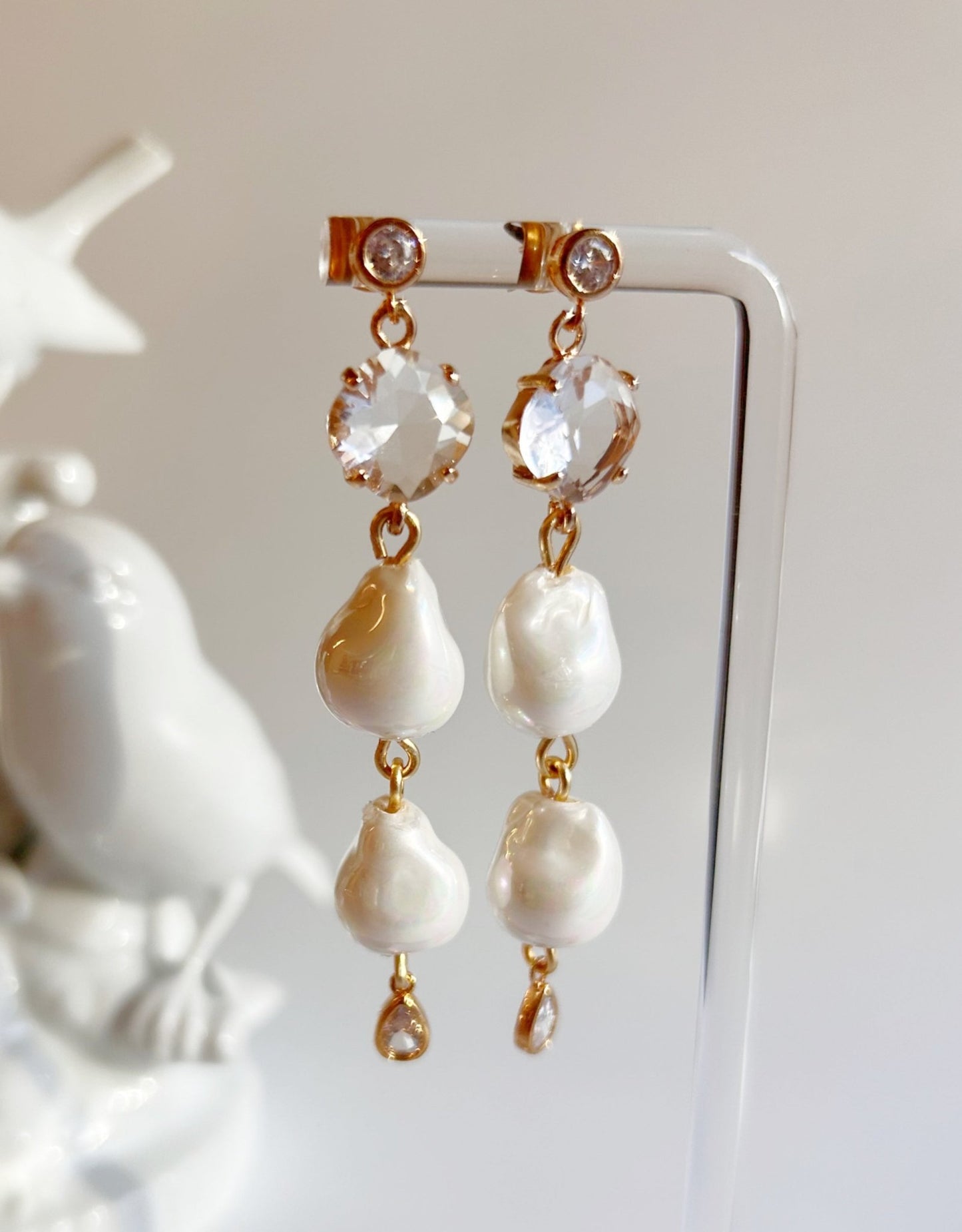 Bridal Drop Earrings - Glass Pearl & Faceted Crystal with Gold, Handmade Wedding Jewelry