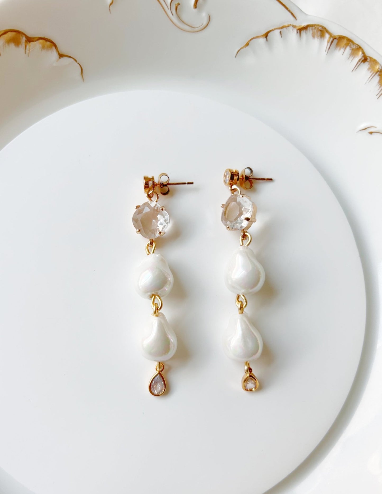 Bridal Drop Earrings - Glass Pearl & Faceted Crystal with Gold, Handmade Wedding Jewelry