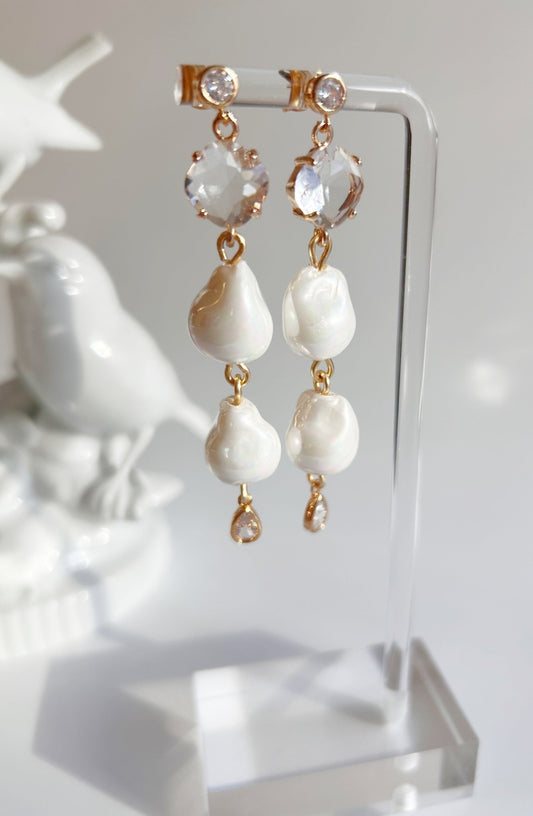 Bridal Drop Earrings - Glass Pearl & Faceted Crystal with Gold, Handmade Wedding Jewelry