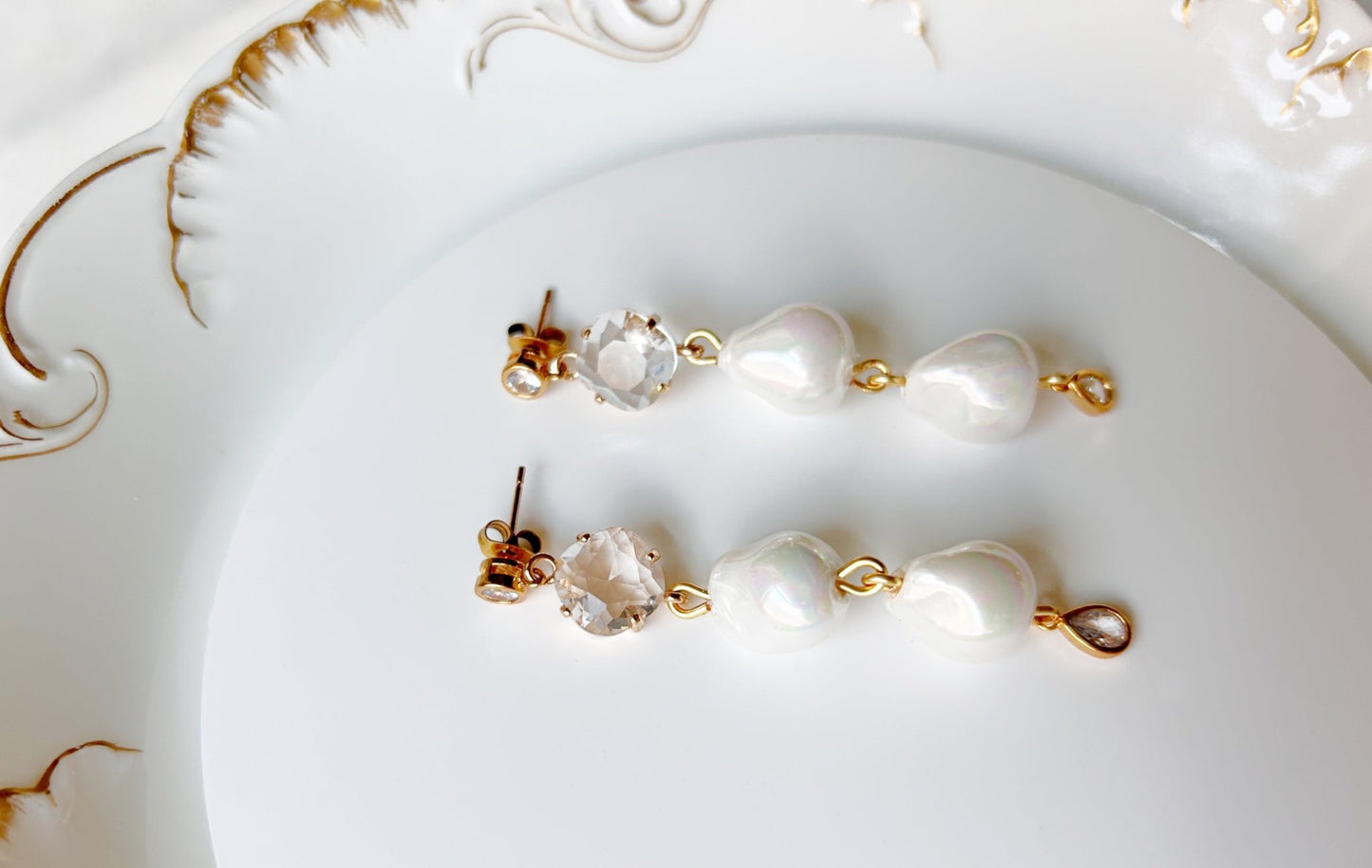 Bridal Drop Earrings - Glass Pearl & Faceted Crystal with Gold, Handmade Wedding Jewelry