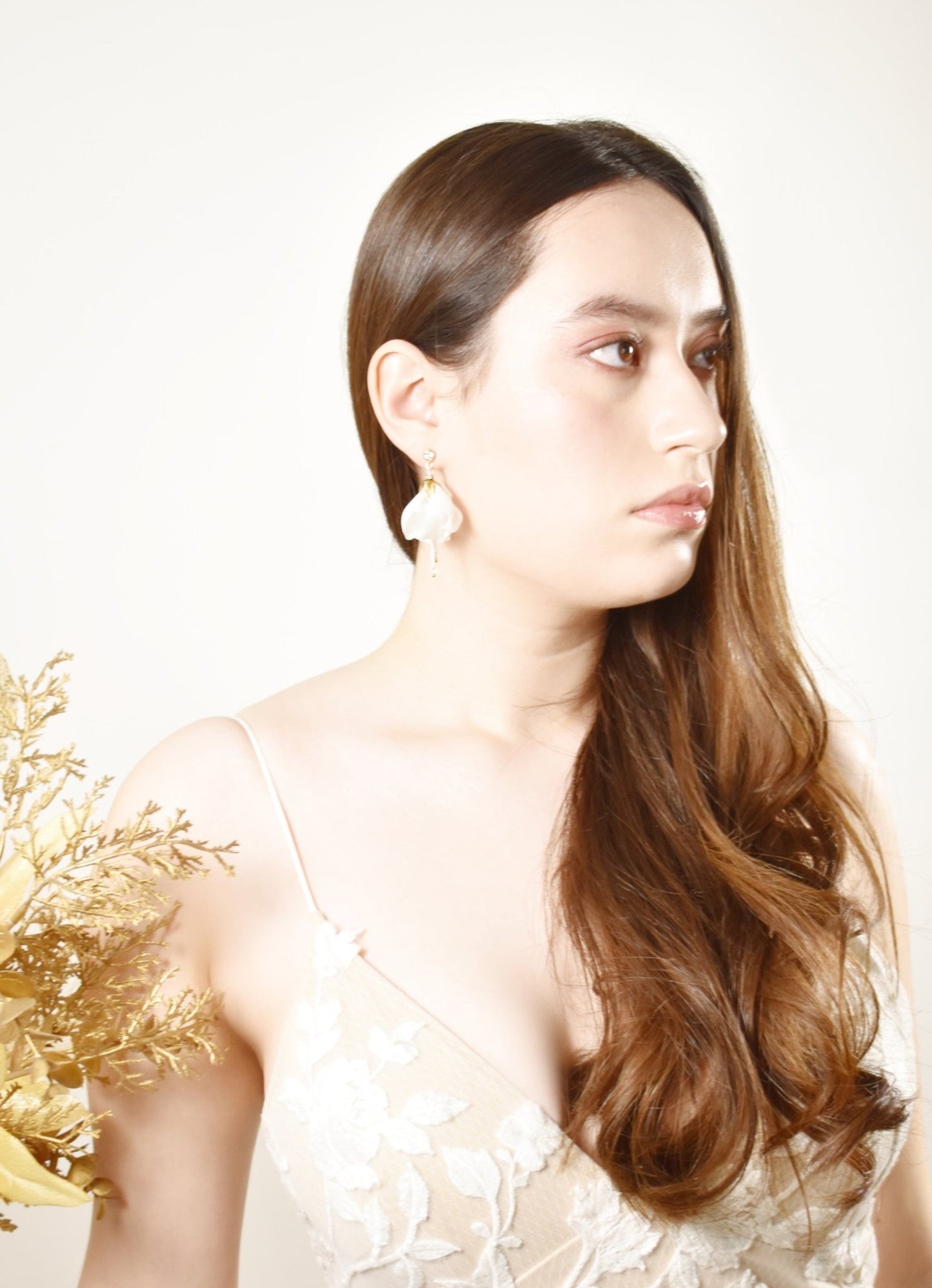 The Lise - Bridal Drop Earrings - Off White Silk Blossom & Beaded Stamen, Handmade Wedding Jewelry