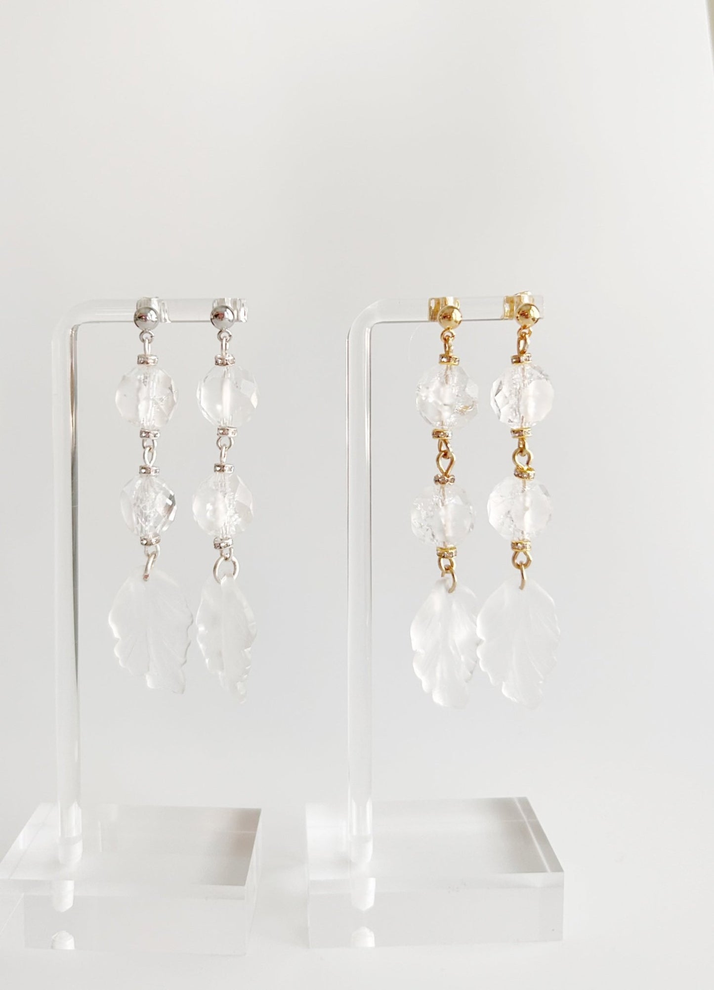 The Vivienne - Bridal Earrings - Frosted Crystal Leaves in Gold & Silver, Handmade Wedding Jewelry
