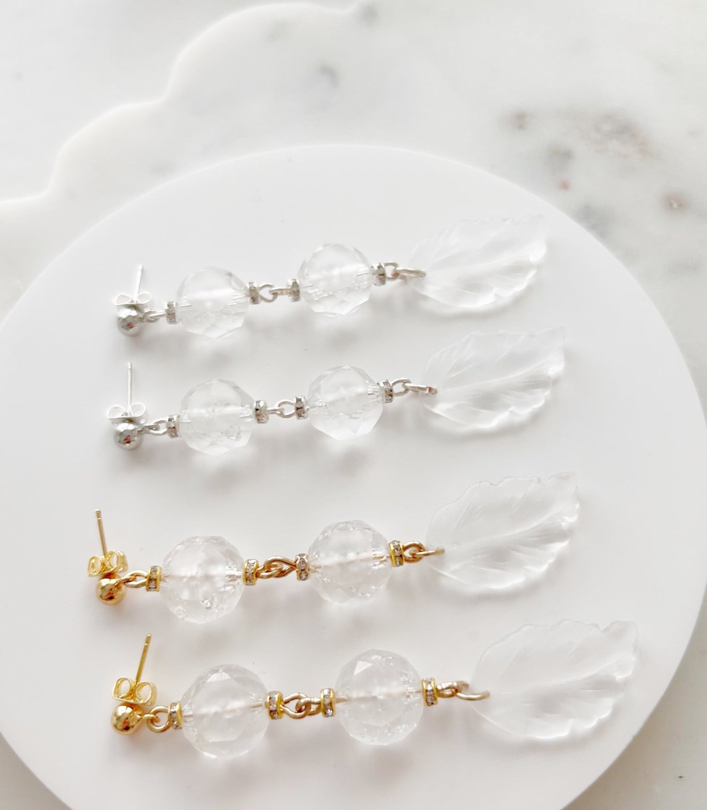 The Vivienne - Bridal Earrings - Frosted Crystal Leaves in Gold & Silver, Handmade Wedding Jewelry