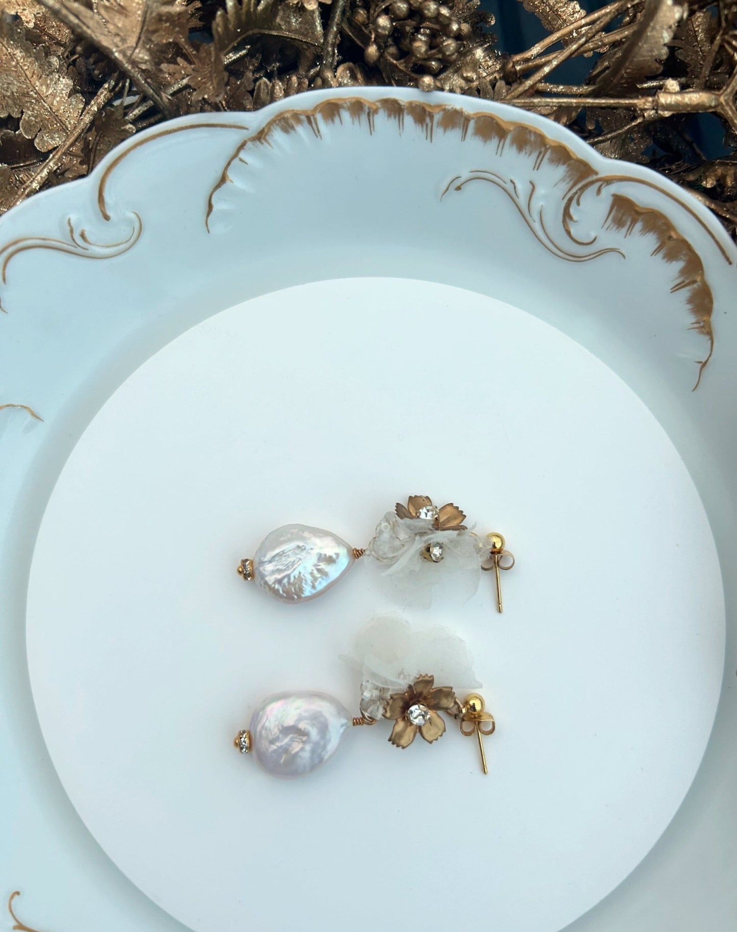 The Veronique - Gold Flower, White Silk Petals & Baroque Pearl Earrings, Handmade Wedding Jewelry