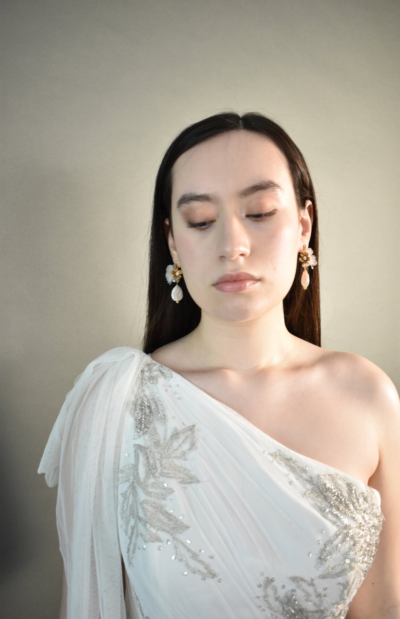 The Veronique - Gold Flower, White Silk Petals & Baroque Pearl Earrings, Handmade Wedding Jewelry