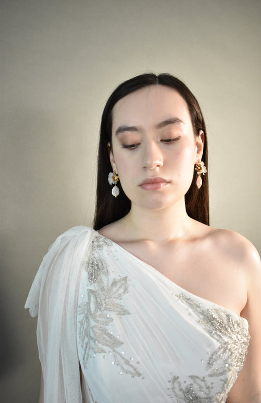 The Veronique - Gold Flower, White Silk Petals & Baroque Pearl Earrings, Handmade Wedding Jewelry