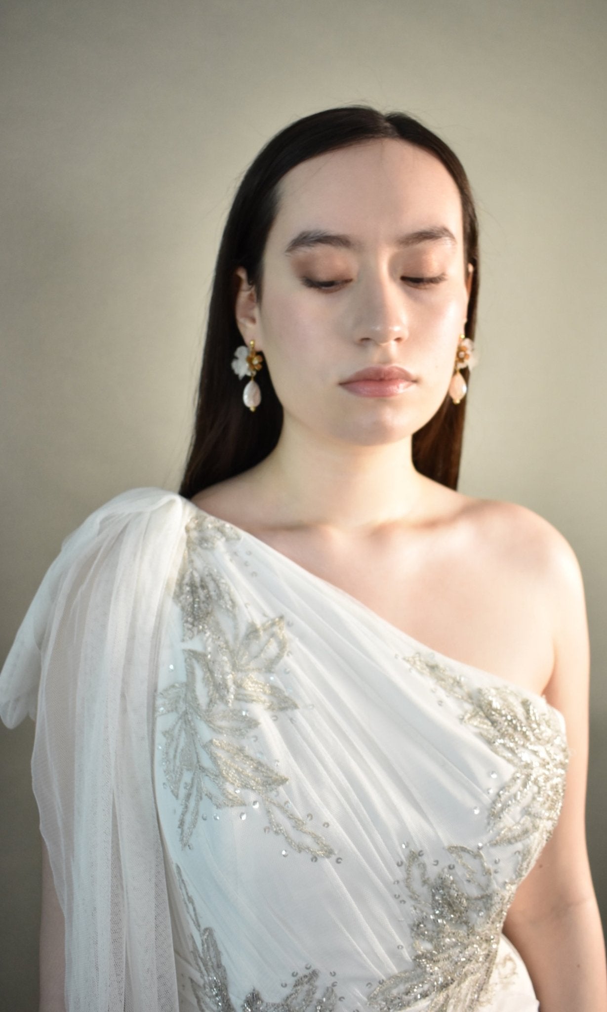 The Veronique - Gold Flower, White Silk Petals & Baroque Pearl Earrings, Handmade Wedding Jewelry
