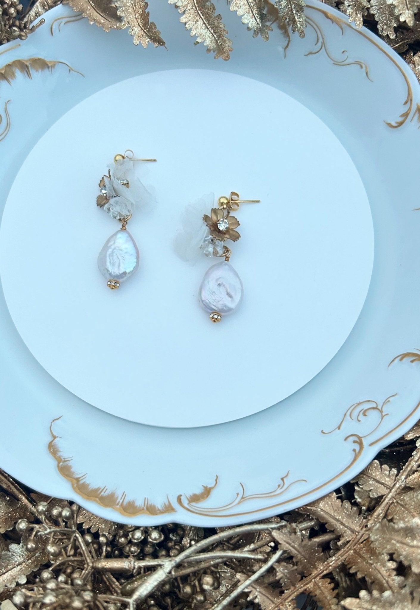The Veronique - Gold Flower, White Silk Petals & Baroque Pearl Earrings, Handmade Wedding Jewelry