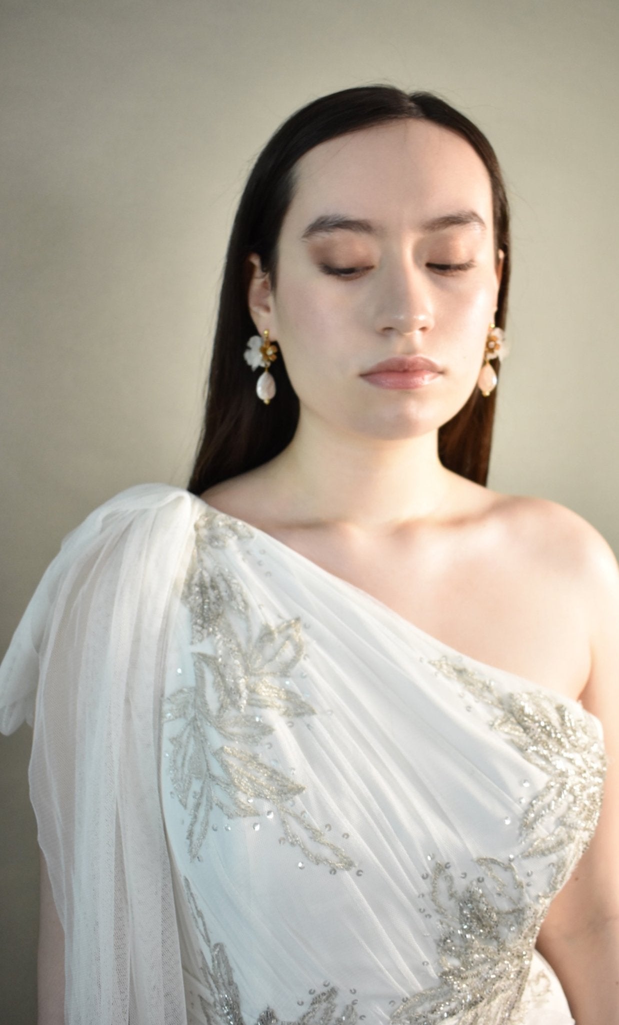The Veronique - Gold Flower, White Silk Petals & Baroque Pearl Earrings, Handmade Wedding Jewelry