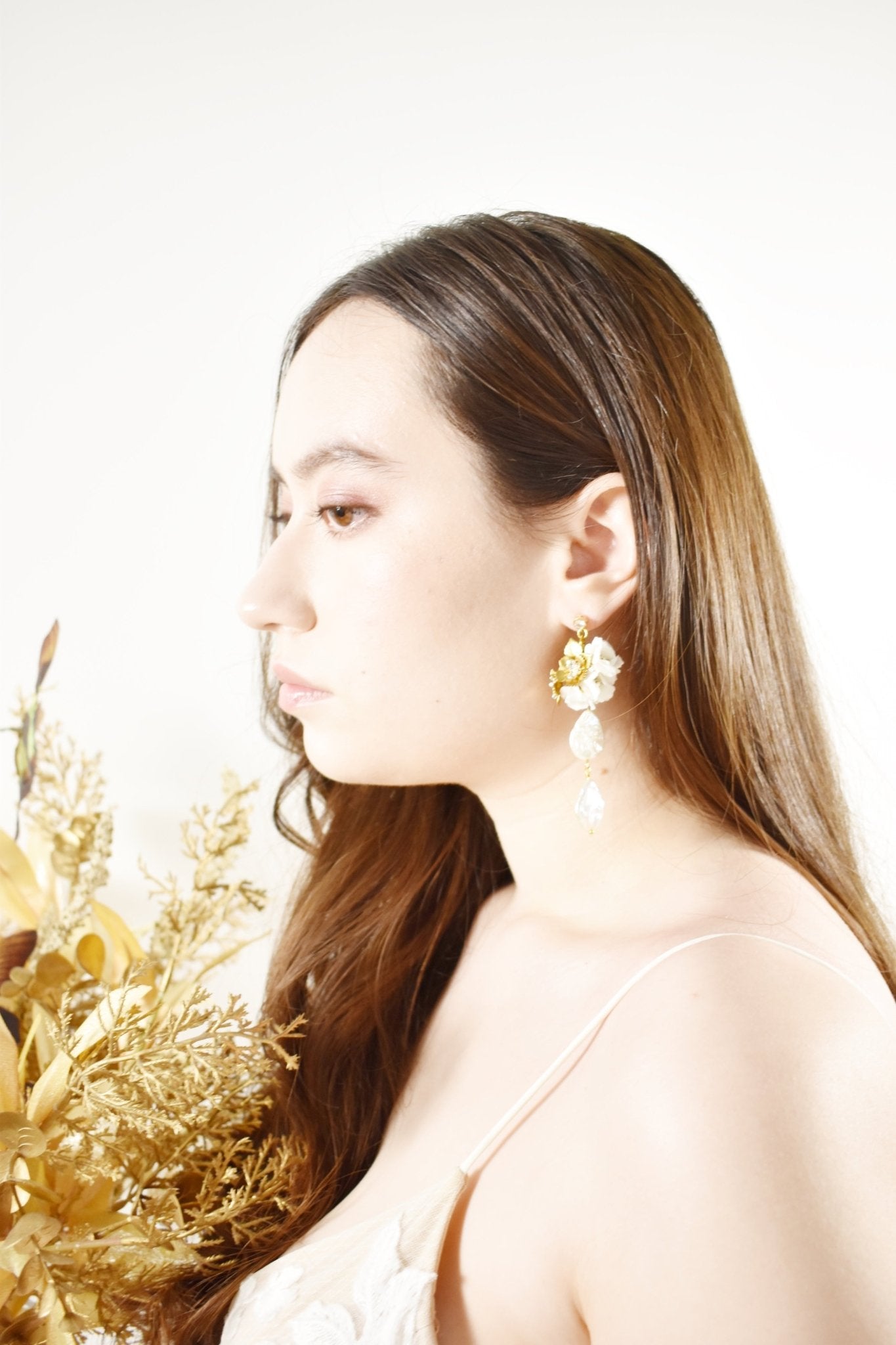 Bridal Earrings - White Silk Beaded Flower & Baroque Pearl, Handmade Luxury Wedding Jewelry