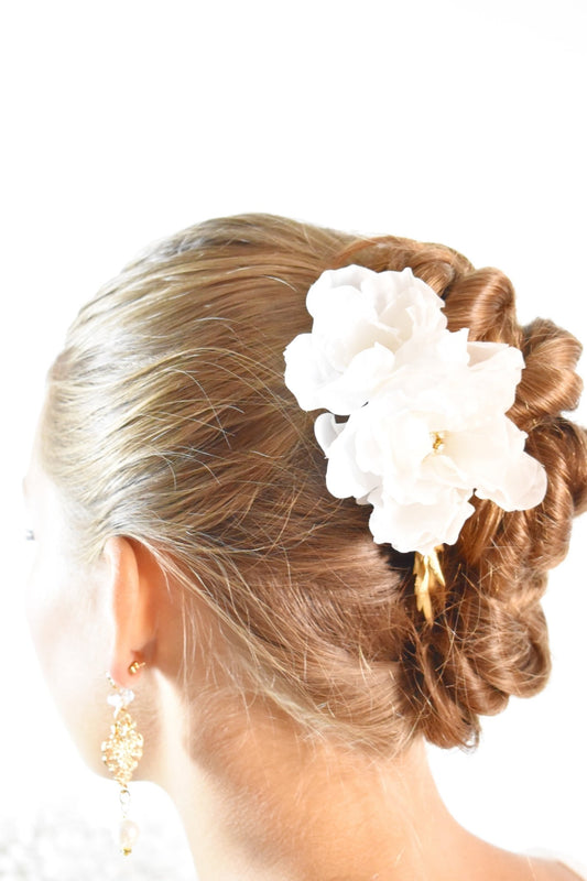 Bridal Hair Comb - Silk Flower & Gold Leaves, Handmade Wedding Headpiece