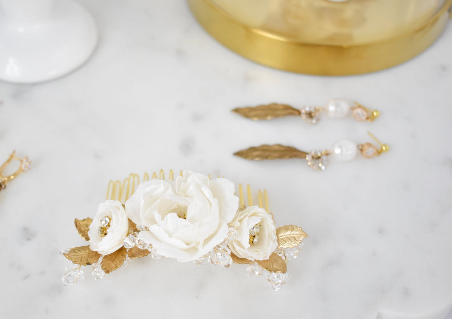 The Adelie - Bridal Hair Comb, Silk Dupioni Flowers, Brass Cast Leaves and European Glass, Handmade Wedding Headpiece