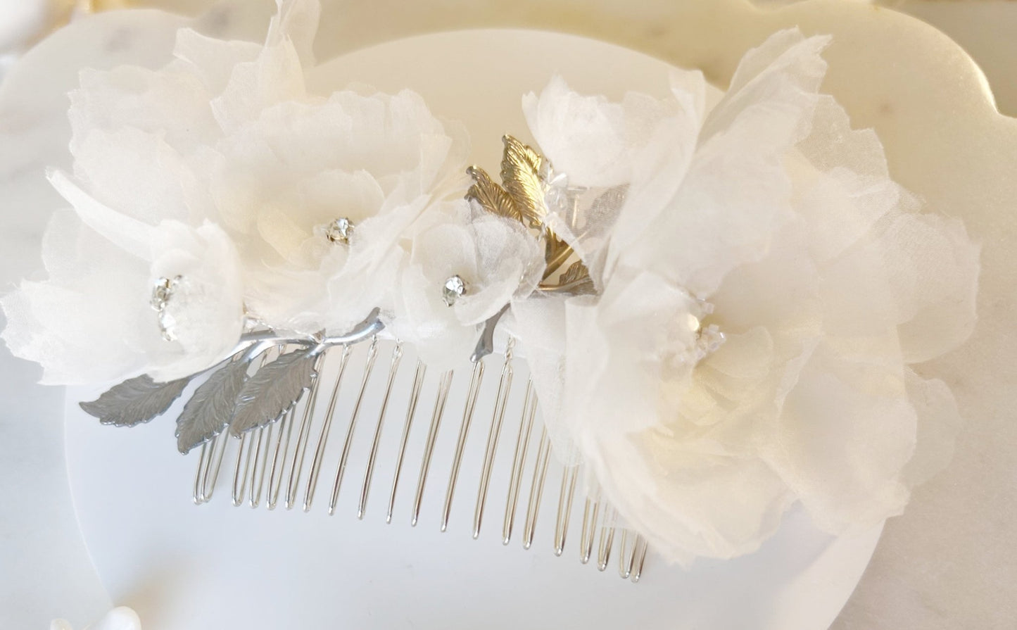 The Roseraie, Rhinestones & Silver Leaves, Handmade Wedding Headpiece
