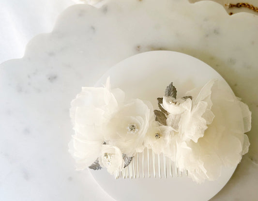 Bridal Hair Comb - Silk Organza, Rhinestones & Silver Leaves, Handmade Wedding Headpiece