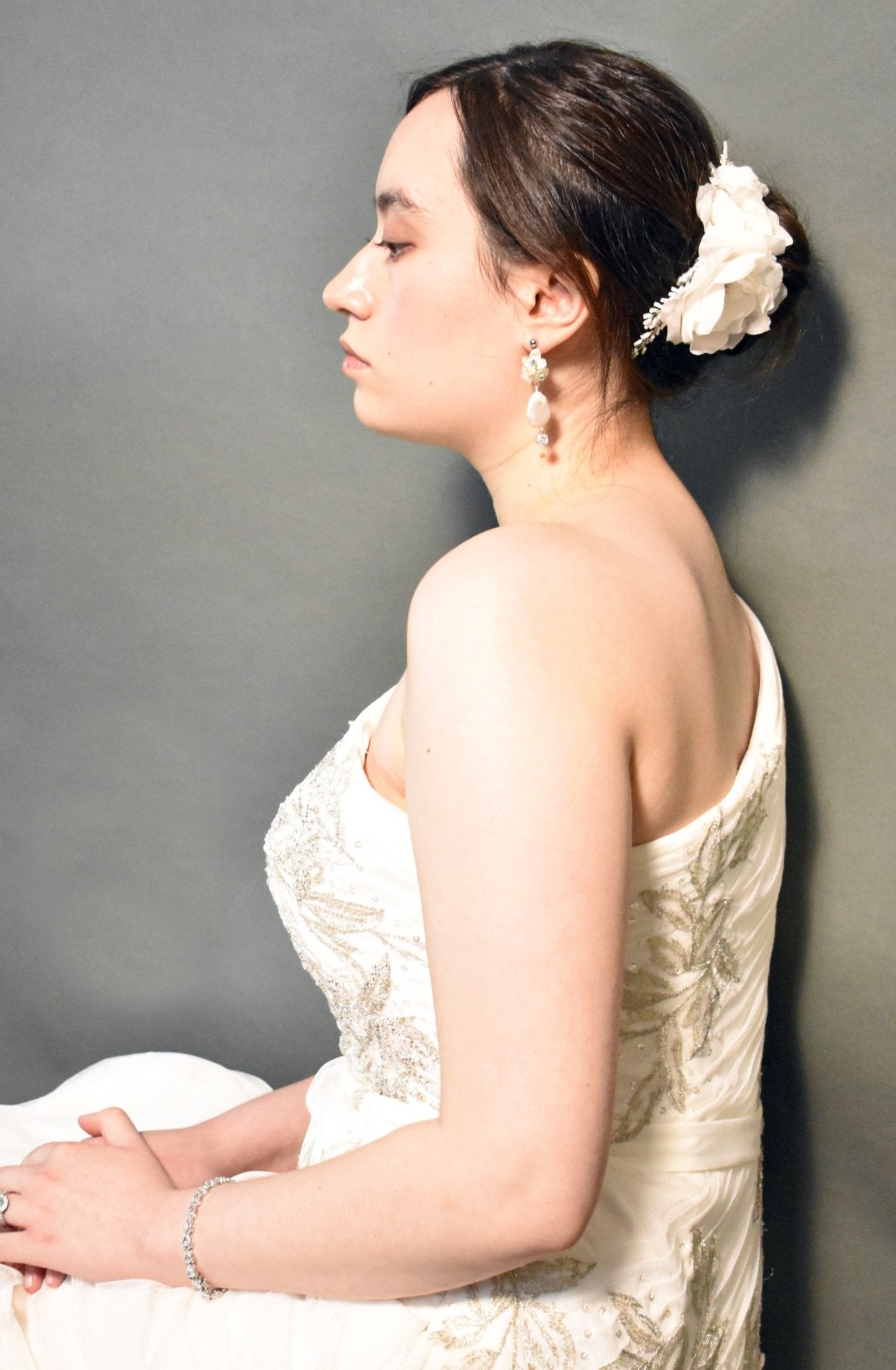 The Anaïs -  Bridal Hair Comb, Silk Taffeta Magnolia Bloom, Rhinestones and Silver Leaves, Handmade Wedding Headpiece