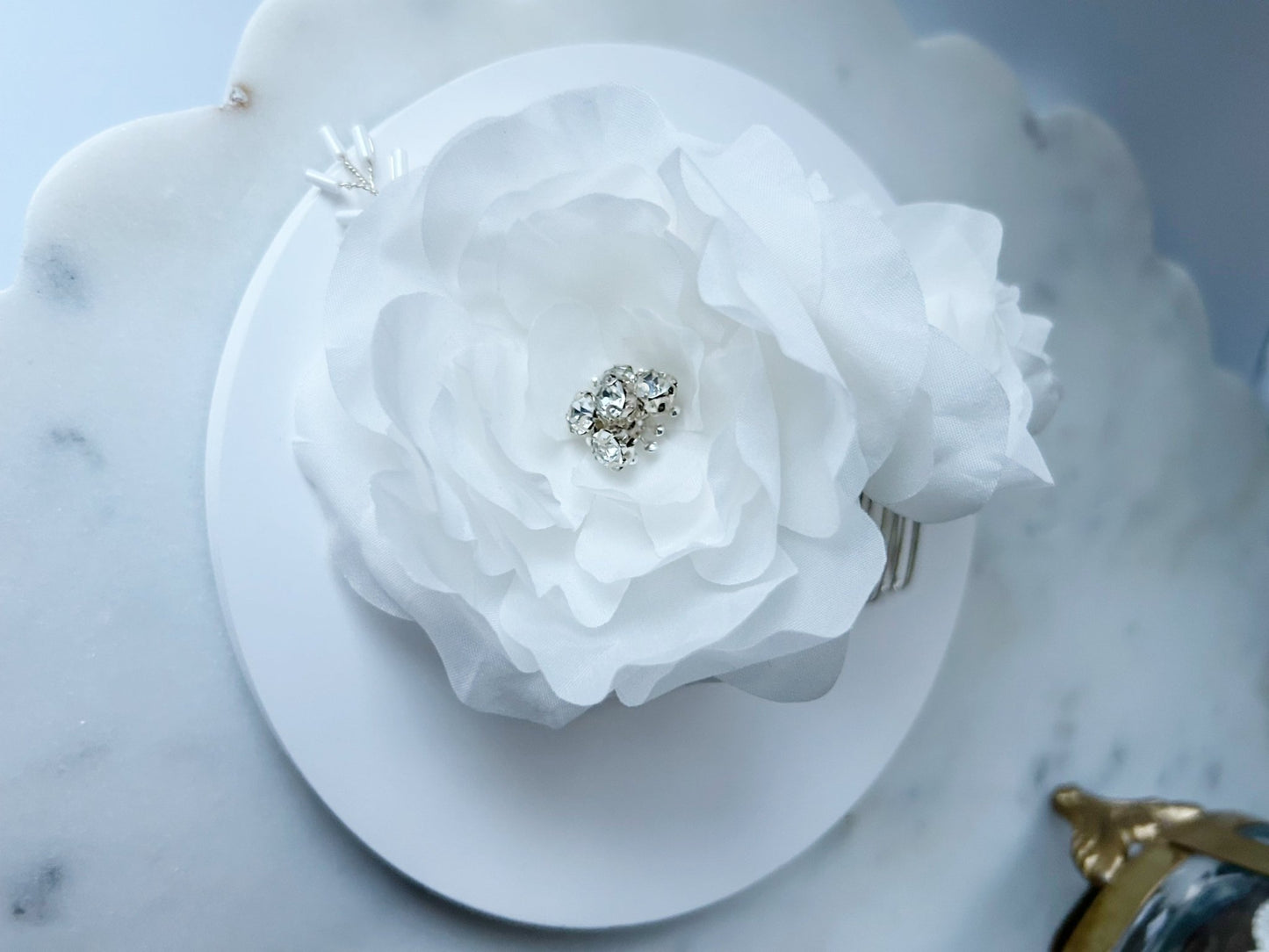 The Anaïs -  Bridal Hair Comb, Silk Taffeta Magnolia Bloom, Rhinestones and Silver Leaves, Handmade Wedding Headpiece