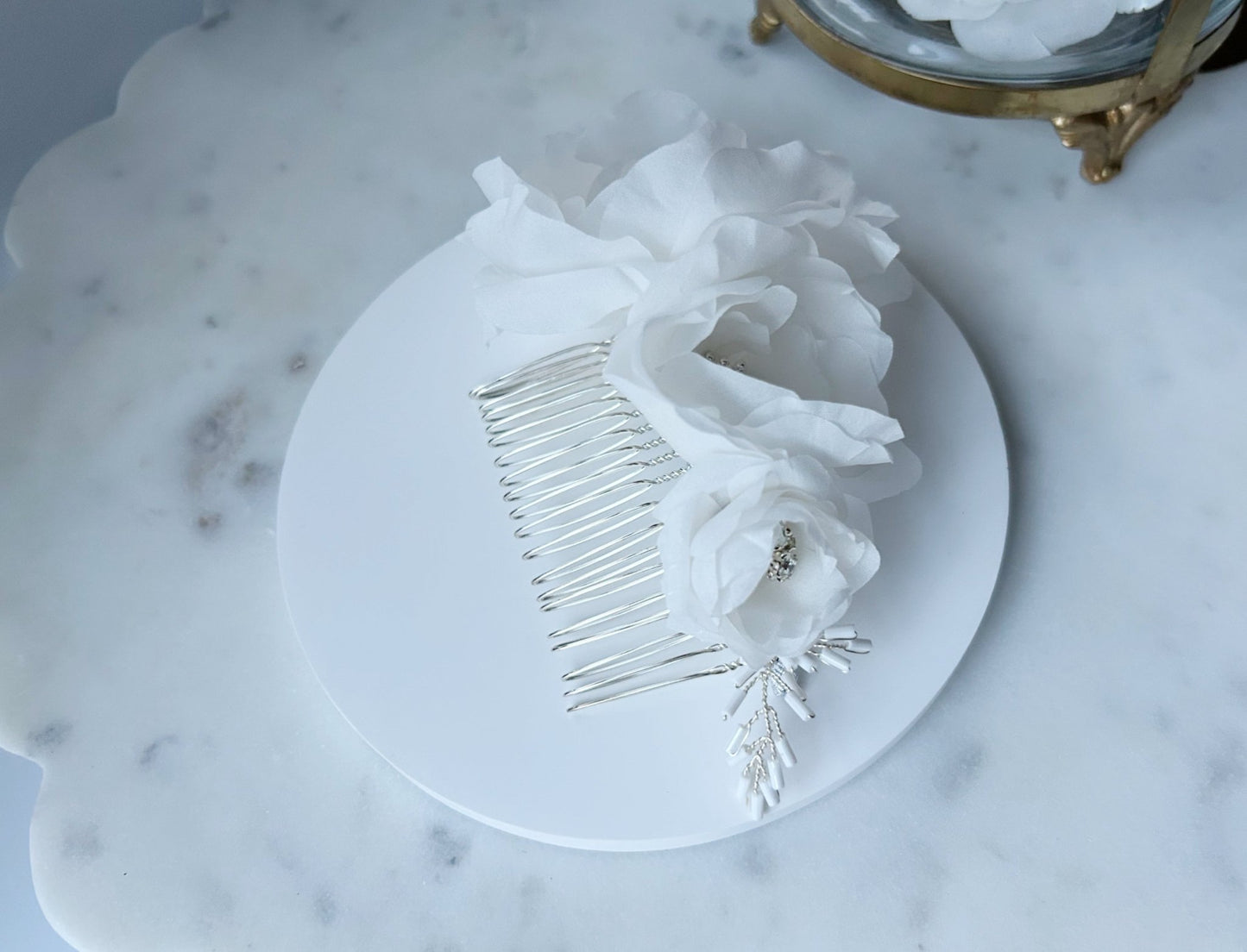 The Anaïs -  Bridal Hair Comb, Silk Taffeta Magnolia Bloom, Rhinestones and Silver Leaves, Handmade Wedding Headpiece