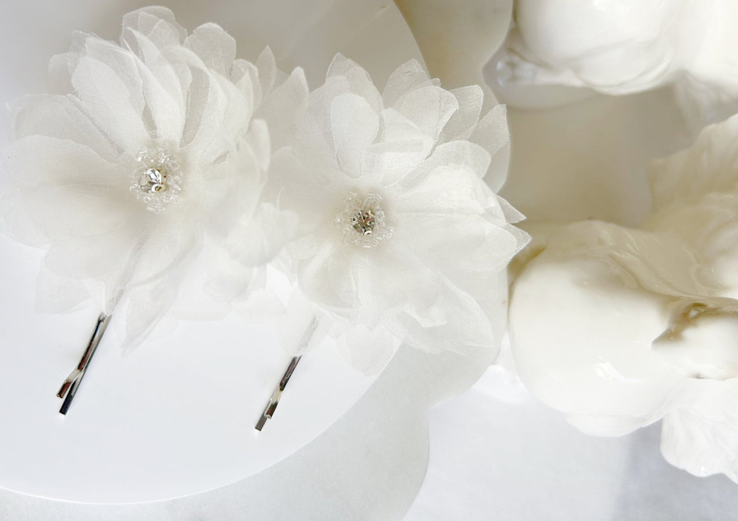 The Chiara - Hair Pins with Rhinestones - White Organza Flowers, Handcrafted in Dallas Wedding Hair Accessory