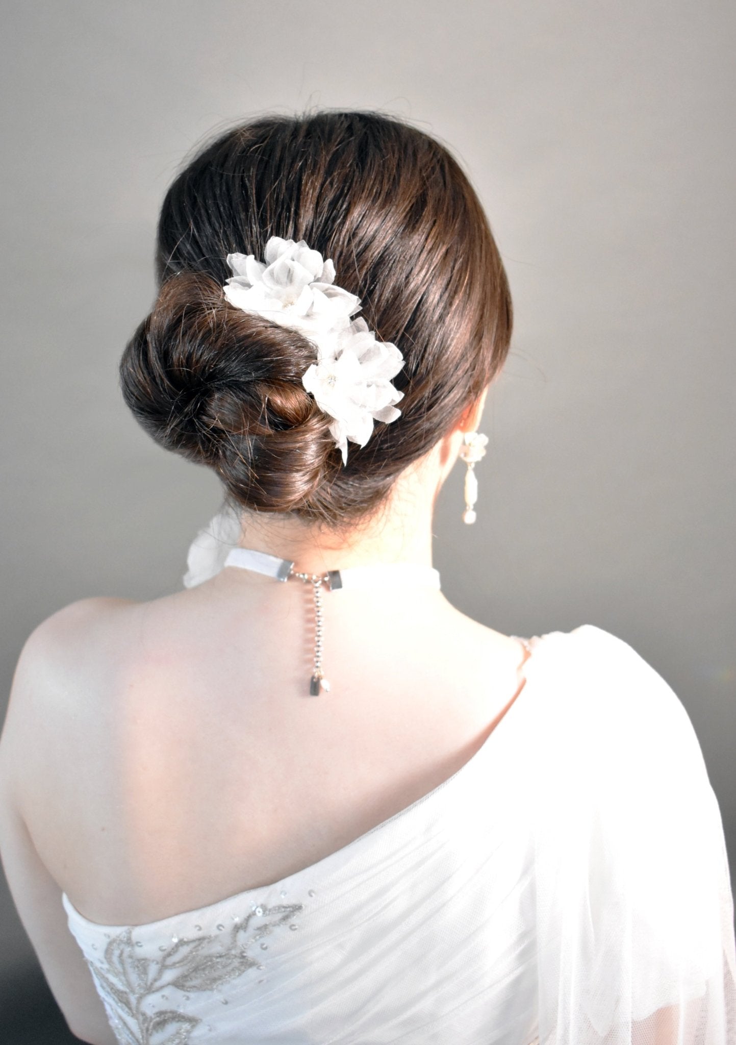 The Chiara - Hair Pins with Rhinestones - White Organza Flowers, Handcrafted in Dallas Wedding Hair Accessory