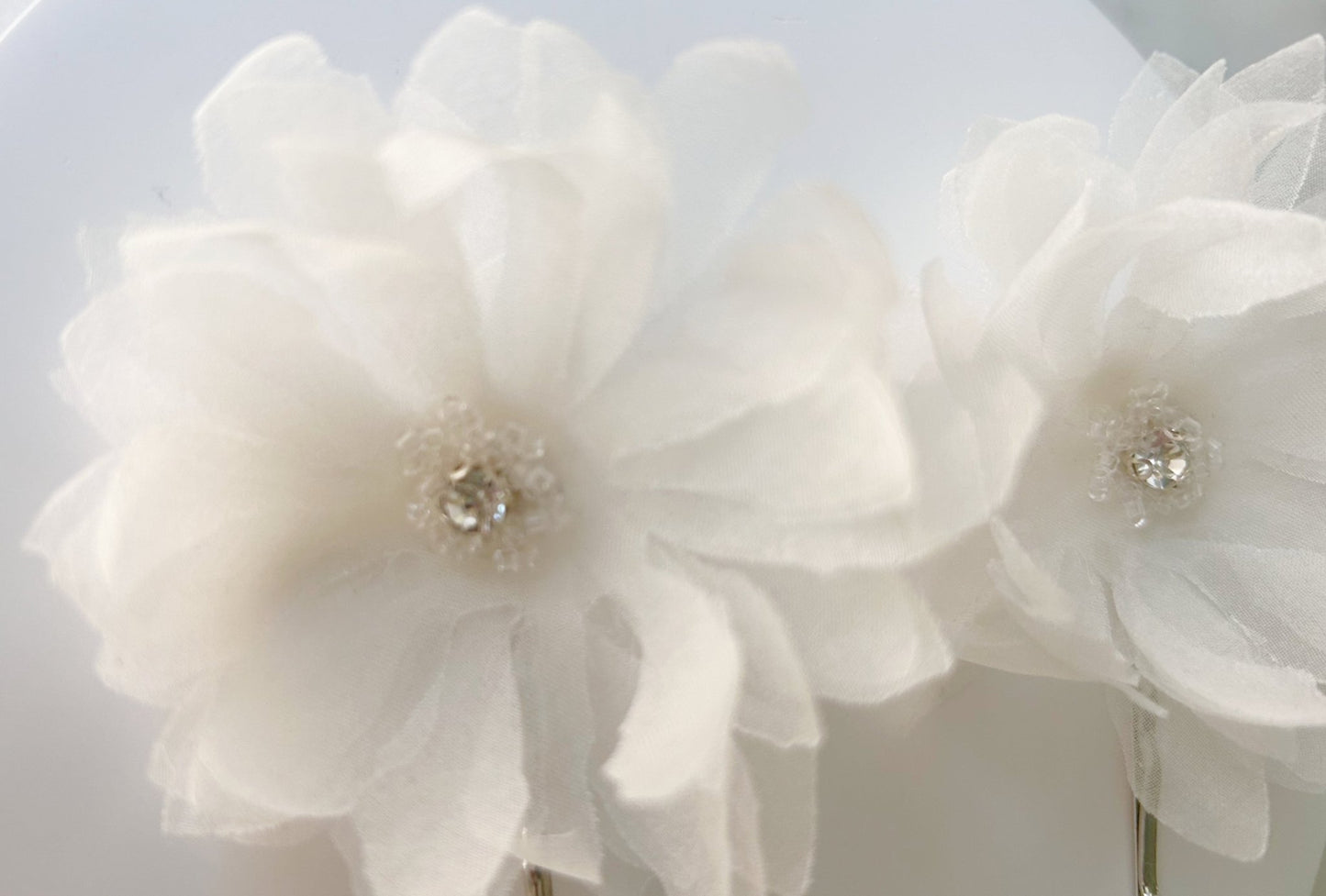 The Chiara - Hair Pins with Rhinestones - White Organza Flowers, Handcrafted in Dallas Wedding Hair Accessory
