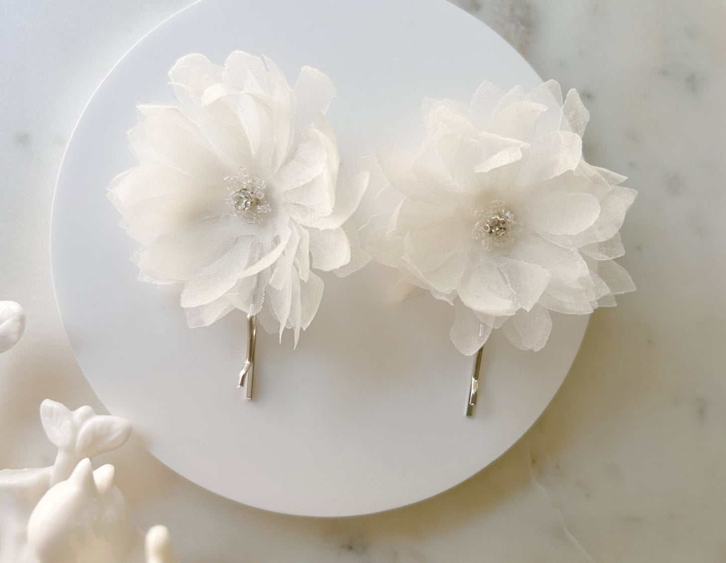 The Chiara - Hair Pins with Rhinestones - White Organza Flowers, Handcrafted in Dallas Wedding Hair Accessory