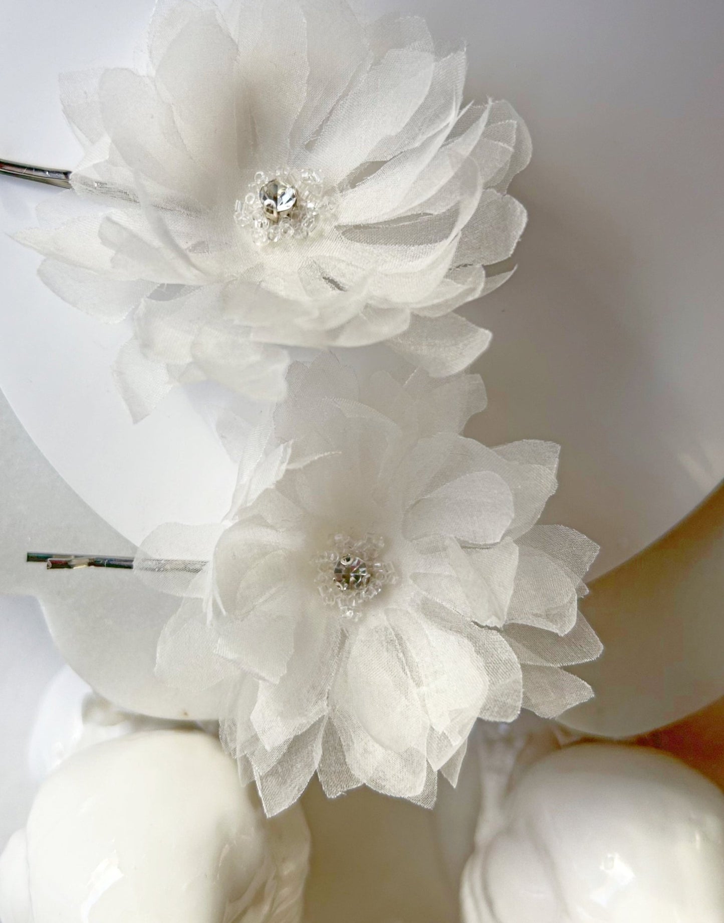 The Chiara - Hair Pins with Rhinestones - White Organza Flowers, Handcrafted in Dallas Wedding Hair Accessory