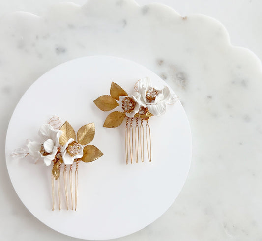Bridal Mini Hair Combs - Beaded White Flowers & Gold Leaves, Handmade Wedding Accessory