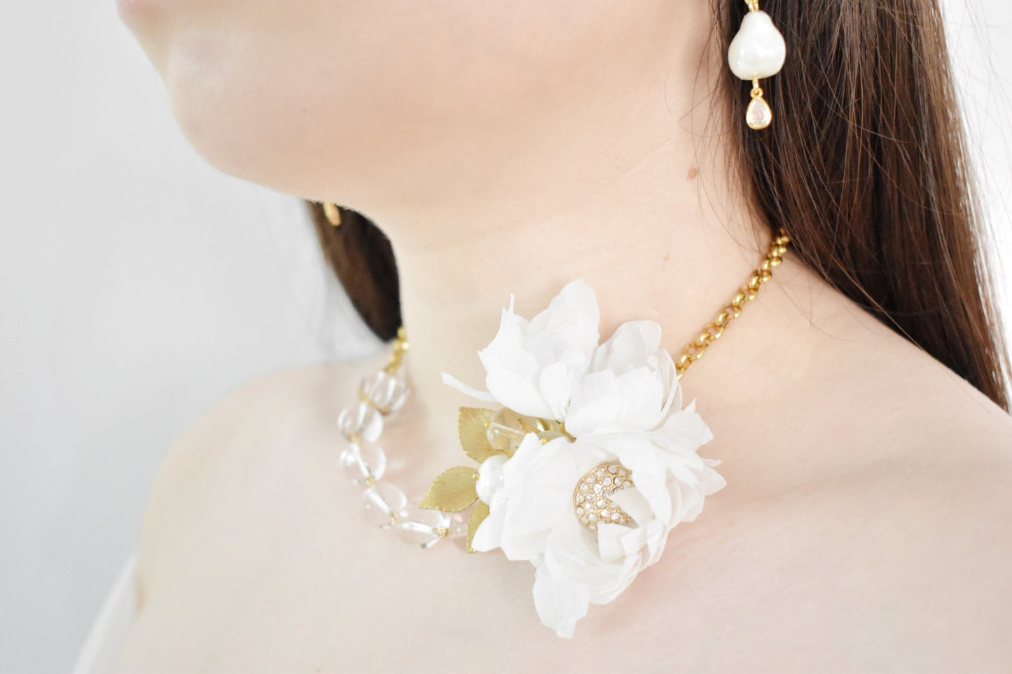 Bridal Necklace - Silk Flowers, Pearls & Glass, Handmade Luxury Wedding Jewelry