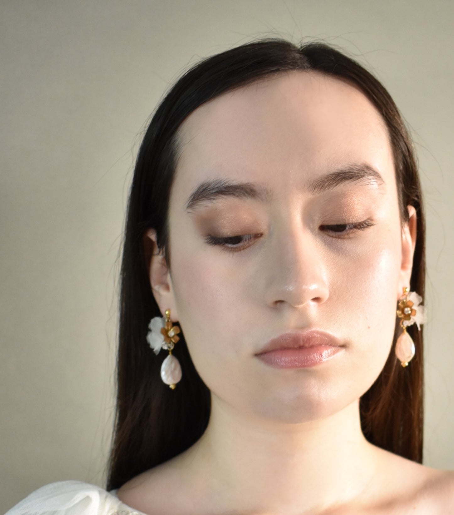 Bridal Earrings - Gold Flower, White Silk Petals & Baroque Pearl, Handmade Wedding Jewelry