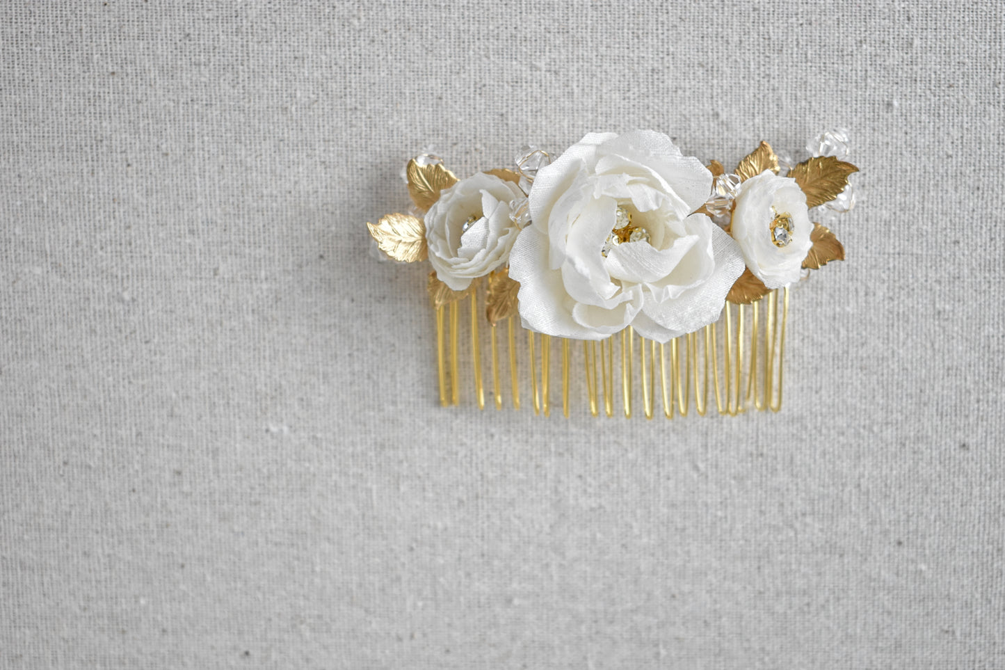 The Adelie - Bridal Hair Comb, Silk Dupioni Flowers, Brass Cast Leaves and European Glass, Handmade Wedding Headpiece