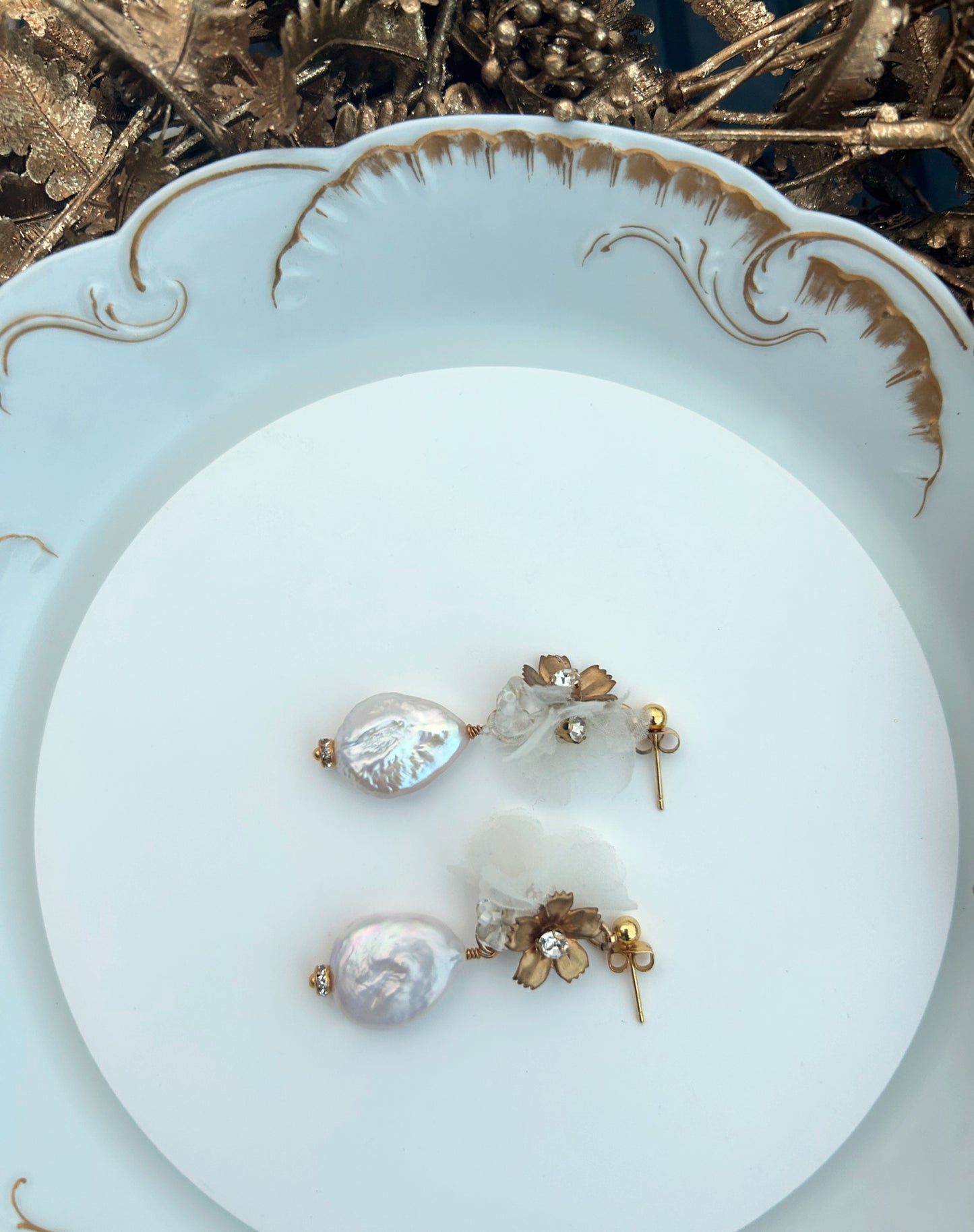 Bridal Earrings - Gold Flower, White Silk Petals & Baroque Pearl, Handmade Wedding Jewelry